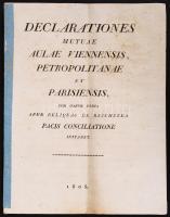 1805 Bécs és Párizs közötti béketárgyalásokkal kapcsolatos nyilatkozatok latin nyelven, 38 nyomtatott oldal.