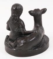 Arnhem jelzéssel: Kislány az őzikével. Festett kerámia, 12×12 cm