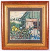 Egyed Erna (1889-): Házrészlet a kerttel. Akvarell, papír, jelzett, üvegezett keretben, 26×28 cm