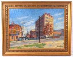 Lakatos Artúr (1880-1968): Április 4 Gépgyár. Olaj, karton, jelzett, antik keretben, 49×62 cm