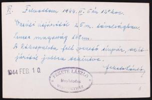 1944 Veresegyház vasúti átjáró fotólap, hátoldalán Fekete László fényképész pecsétje és feljegyzései