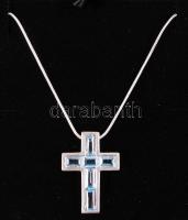 Ezüst (Ag.) függő, ezüst nyakláncon, kereszt forma topáz berakással, bruttó:17 g