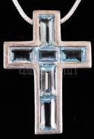 Ezüst (Ag.) függő, ezüst nyakláncon, kereszt forma topáz berakással, bruttó:17 g