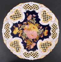 Zsolnay krizantém virágos áttört dísztál, apró hajszálrepedésekkel, jelzett(mélynyomás), kézzel festett, d:37 cm / Zsolnay big plate, (cca 1880)