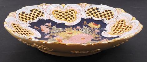Zsolnay krizantém virágos áttört dísztál, apró hajszálrepedésekkel, jelzett(mélynyomás), kézzel fest...