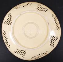 Zsolnay krizantém virágos áttört dísztál, apró hajszálrepedésekkel, jelzett(mélynyomás), kézzel fest...