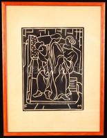 Farkasházy Miklós (1895-1964): Öltöztetők. Linómetszet, papír, jelzett, üvegezett keretben, 25×18 cm