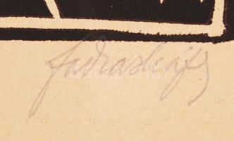 Farkasházy Miklós (1895-1964): Öltöztetők. Linómetszet, papír, jelzett, üvegezett keretben, 25×18 cm