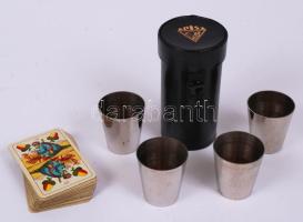 4 db rozsdamentes acél kupicás pohár, műbőr tokban + kicsi magyar kártya pakli