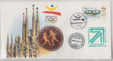 1992. "Barcelona-magyar csapat" emlékérem bélyeges borítékon, elsőnapi bélyegzéssel T:PP Csak 10000db!