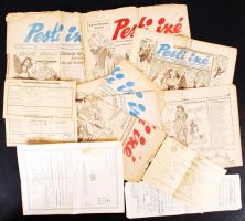 cca 1947-1948 Vegyes nyomtatványok, iratok (Pesti Izé szatirikus hetilap II. évf. 1, 5, 18, 32, 40. sz., III. évf. 4. sz., családi iratok-igazolványok, anyakönyvi kivonatok).