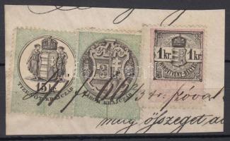 Okmánykivágás 3kr + 15kr okmánybélyeggel + 1kr Hirdetménybélyeggel