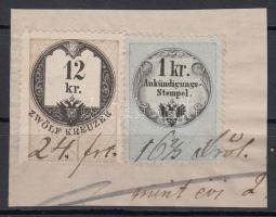 Okmánykivágás 12kr okmánybélyeggel + 1kr Hirdetménybélyeggel