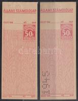 2 db 50f illetékjegyes állami számolólap az egyik "1945" perforációval