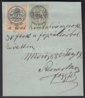 1880 Okmánydarab 2 kiadásból 3kr + 10kr okmánybélyeggel