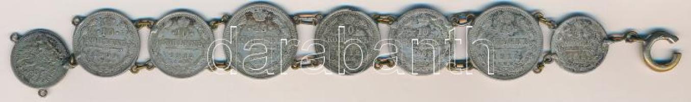 Oroszország 1900-1914. 10K Ag (4x) + 15K Ag (2x) + 5K (2x) Ag karkötőként összefűzve T:vegyes Russia 1900-1914. 10 Kopeks Ag (4x) + 15 Kopeks (2x) + 5 Kopeks (2x) Ag coins on bracelet C:mixed