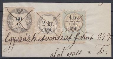 Okmánydarab 2kr + 60kr okmánybélyeggel + 1kr Hirdetménybélyeggel
