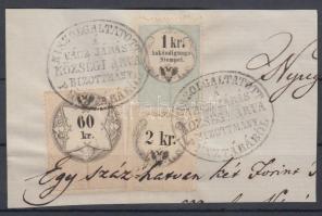 Okmánydarab 2kr + 60kr okmánybélyeggel + 1kr Hirdetménybélyeggel