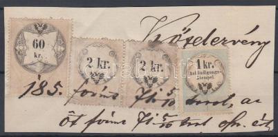 Okmánydarab 2 x 2kr + 60kr okmánybélyeggel + 1kr Hirdetménybélyeggel