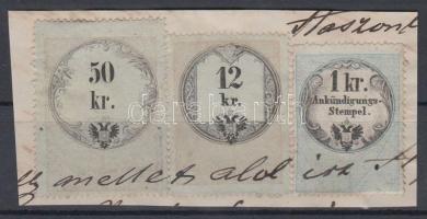 Okmánydarab 12kr + 50kr okmánybélyeggel + 1kr Hirdetménybélyeggel