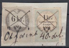 Okmánydarab 6kr okmánybélyeggel + 1kr Hirdetménybélyeggel