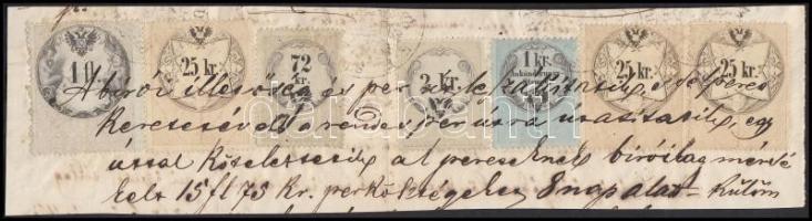 Okmánydarab 2kr + 3 x 25kr + 72kr + 1fl okmánybélyeggel + 1kr Hirdetménybélyeggel