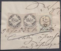 Okmánydarab 2 x 15kr okmánybélyeggel + 2kr Hirdetménybélyeggel