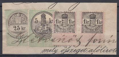 Okmánydarab 5kr + 25kr okmánybélyeggel + 2 x 1kr Hirdetménybélyeggel