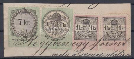 Okmánydarab 7kr + 10kr okmánybélyeggel + 2 x 1kr Hirdetménybélyeggel
