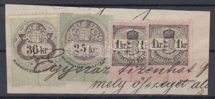 Okmánydarab 25kr + 36kr okmánybélyeggel + 2 x 1kr Hirdetménybélyeggel