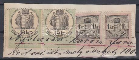 Okmánydarab 2 x 15kr okmánybélyeggel + 2 x 1kr Hirdetménybélyeggel