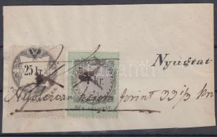 Okmánydarab 2 különböző kiadásból származó 7kr + 25kr okmánybélyeggel