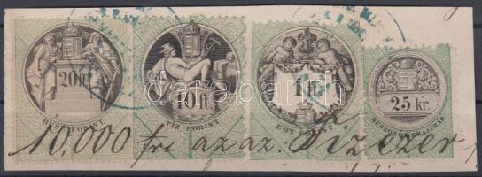 Okmánykivágás 25kr, 1Ft, 10Ft, 20Ft + 5Ft okmánybélyegekkel