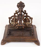 Antik irattartó, gazdagon díszített, réz, jelzett (D.R.P.), 14×11 cm, m:11 cm