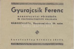 Rákospalotai pöcegödör és csatornatisztító vállalat reklám levelezőlap