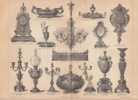 1886 3 db vegyes témájú fa metszet és 1 db színes nyomat a Meyers Lexikonból, 20×27 cm