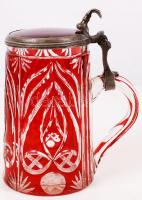 Antik fém fedeles festett üveg korsó, csiszolt, metszett, apró csorba a tetején, m:15 cm