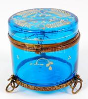 Festett üveg bonbonier, réz rárakásokkal, sérült, m:10 cm, m:9 cm