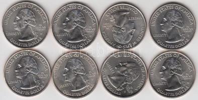 Amerikai Egyesült Államok 2008-2009. 1/4$ klf emlékkiadásai (8x) tanúsítvánnyal T:1 USA 2008-2009. 1/4$ diff commemorative coins (8x) with certificate C:UNC