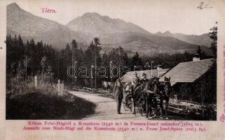 Tátra, kilátás Felső Hágiról a Koncsiszta és Ferenc József csúcsokra; kiadja Feitzinger Ede, Teschen