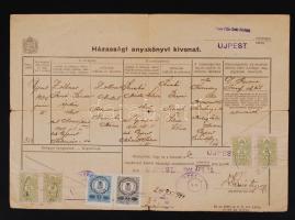 1944 Házassági anyakönyvi kivonat 4 x 50f okmánybélyeggel + 8-as fogazású Budapest városi bélyeggel ...