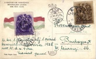 Léva, bevonulás, nemzetiszínű szalag a bélyeg alatt / entry of the Hungarian troops, national color ...