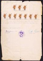 1945 Okirati illetékbélyeg 10 x 10P + 50 x 10P ívdarab illetőségi bizonyítványon