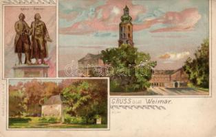 Weimar castle, Goethe Schiller statue, Goethe house, litho