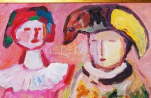 Schéner Mihály (1923-2009): Bohócok. Olaj, farost, jelzett, keretben, 50×70 cm