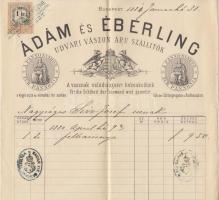 1880 Bp., V. Ádám és Éberling udvari vászon áru szállítók által kiállított számla 1 krajcáros illetékbélyeggel, a Magyar Királyi Országos Tébolyda bélyegzőjével.