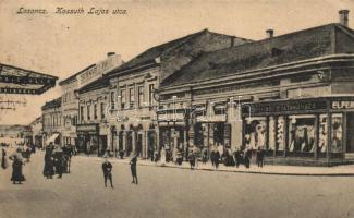 Losonc Kossuth street, the shops of Milnár János; Bicskei Zoltán; Laufer Manó; Schwarcz Jakab and Elfer (EK)