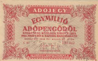 1946. 1000.000Adóp. (variáns) előlapon illesztőkereszt részlete, 6 jegyű sorszám, hátlapon fordított állású címer, szövegben "amelyeknek" T:I-