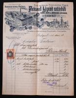 1911 Feiwel Lipót utódai bútorgyár által a pilisszentlászlói elemi népiskola gondnokságának kiállított fejléces számla 2 filléres illetékbélyeggel, pecséttel.