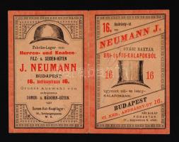 Budapest VI. Andrássy út 16. Neumann J. kalapbolt reklámnyomtatvány számlaként felhasználva illetékbélyeggel.